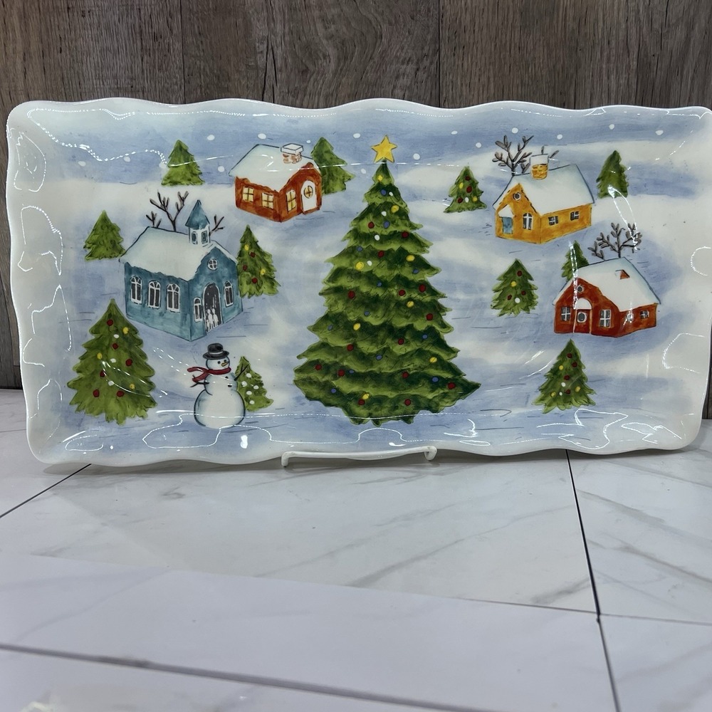 Maxcera Christmas Village Town Ceramic Rectangular Platter 17" Christmas Tree